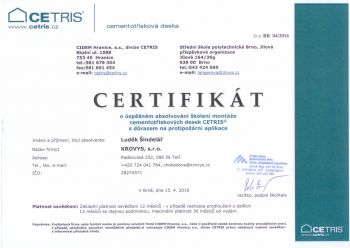 Certifikát - montáž protipožárních desek CETRIS