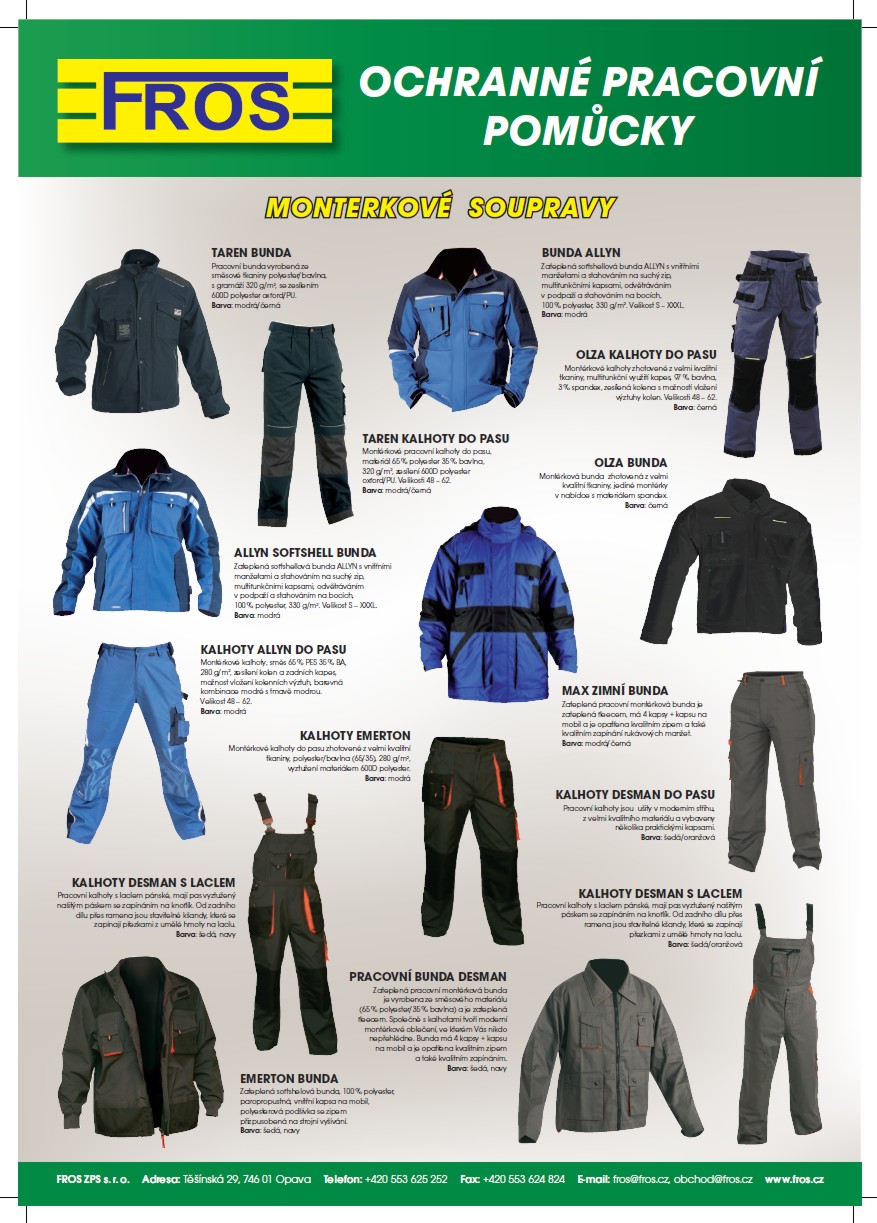 Ochranné pracovní pomůcky, oděvy, rukavice, montérky, bundy Opava