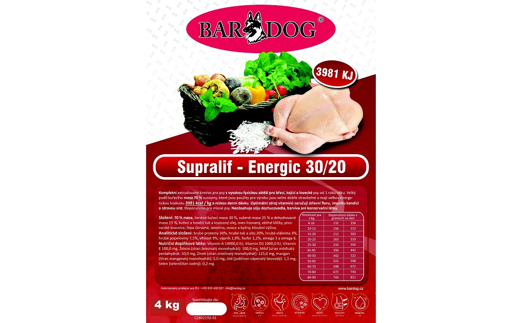 Kompletní extrudované krmivo Supralif pro psy velkých plemen, které je dobře stravitelné a má velkou energetickou hodnotou
