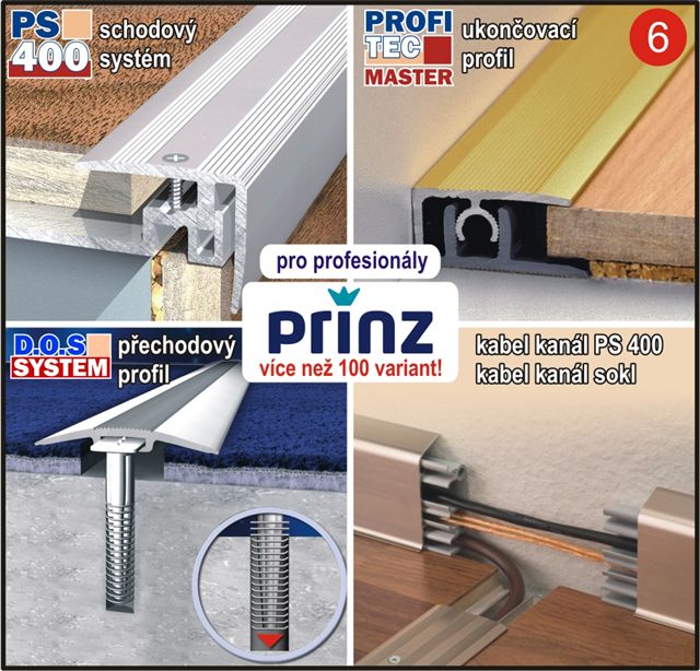 Prahové a přechodové lišty PRINZ - pro bezbariérové vstupy a plovoucí podlahy i koberce