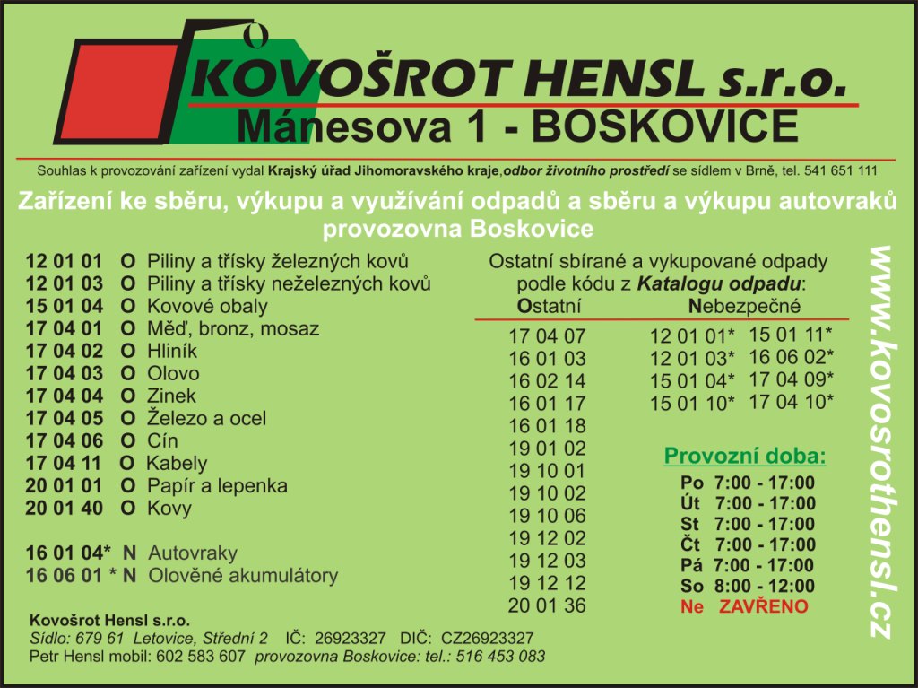 Výkup kovového odpadu, výkup barevných kovů Boskovice