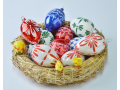 Skleněné, ručně foukané velikonoční ozdoby, vajíčka barevná a čirá