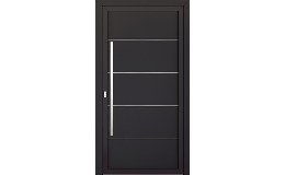 Plné vchodové dveře bez prosklení, zdobené nerezovými aplikacemi ve tvaru jemných, horizontálních linek