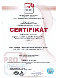 Certifikát ČSN EN ISO 90012016 platnost do 4.4.2022