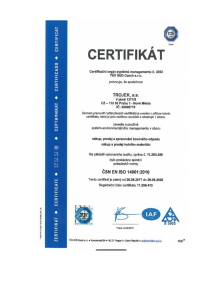 Certifikát ČSN EN ISO 14001:2016 CZ+SK